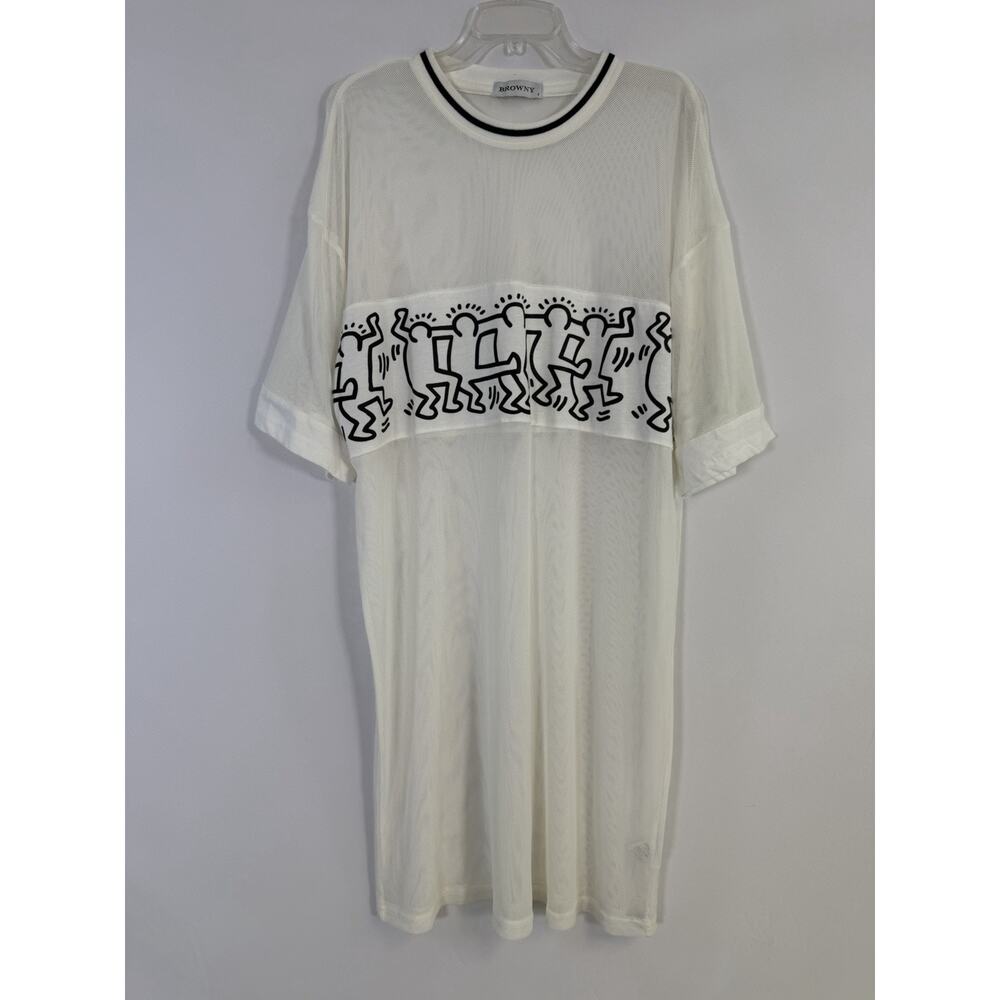 VTG Browny Keith Haring T-Shirt Womens Medium Tee Dress Coverup White Mesh Y2K